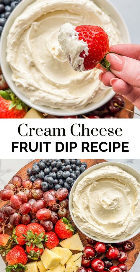 This cream cheese fruit dip is the perfect accompaniment to a fruit tray! It's a great option for parties, BBQs, or just an afternoon snack break. It saves well in the refrigerator and is perfect for anyone with a little sweet tooth. Cream Cheese Fruit Dip Recipe, Greek Yogurt And Honey, Fruit Dip Recipe, Healthy Cream Cheese, Chinese Chicken Salad Recipe, Cream Cheese Fruit Dip, Fruit Dips Recipes, Fancy Appetizers, Veggie Snacks