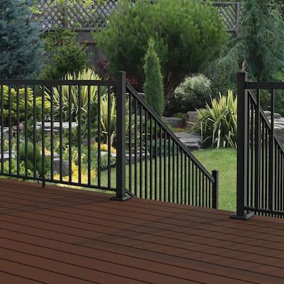 Deck Railing at Lowes.com Deck Balustrade Ideas, Black Deck Railing, Black Aluminum Railing, Dark Deck, Square Balusters, Exterior Stair Railing, Wood Deck Designs, Deck Railing Kits, Deck Stair Railing