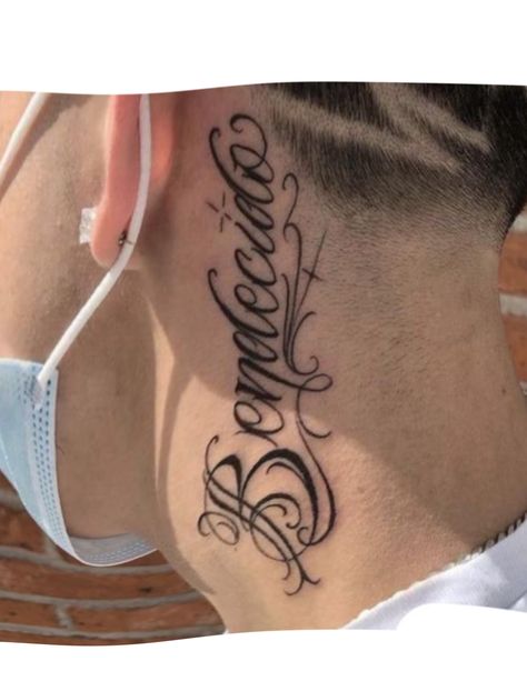 Name Ear Tattoo, Neck Tattoo With Name, Name Neck Tattoo, 2007 Tattoo, Praying Hands Tattoo Design, Praying Hands Tattoo, Small Neck Tattoos, Farm Animal Painting, Eyebrow Tattoo