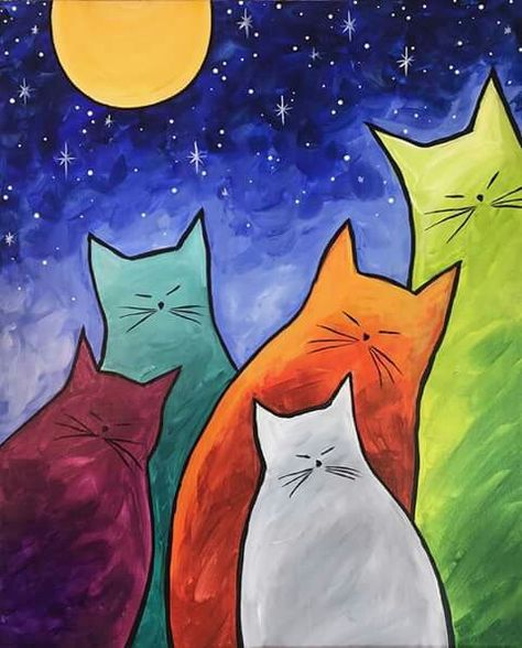 Cute Cat Painting Easy, Regnul Animal, Whimsical Art Paintings, Whimsical Cats, Art Drawings For Kids, Cat Painting, Diy Art Painting, Cat Drawing, Canvas Art Painting