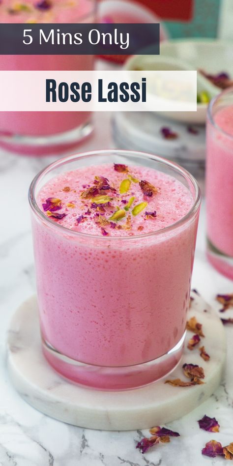 Refreshing rose lassi recipe! This easy-to-make Indian drink is the perfect recipe to have on hand as those hot sunny days are just around the corner. It’s super fragrant, bright, and tangy, it’s sweet, and it’s deliciously creamy. Rose Lassi, Lassi Recipe, Indian Drinks, Lassi Recipes, North Indian Recipes, Ayurvedic Recipes, Rose Flavored, Drink Recipes Nonalcoholic, Creamy Smoothies