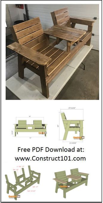 Bench And Table, Double Chair, Illustrated Instructions, Woodworking Furniture Plans, Outdoor Furniture Plans, Bench Plans, Free Woodworking Plans, Woodworking Projects That Sell, Wood Furniture Diy