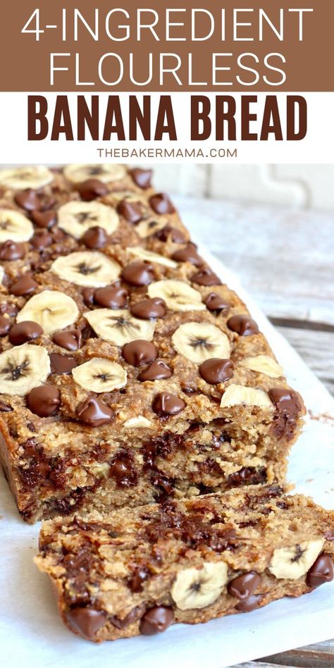 Easy Baking With Bananas, 4-ingredient Flourless Chocolate Chip Banana Bread, Flourless Peanut Butter Banana Chocolate Chip Bars, Flourless Peanut Butter Banana Choc Chip Bars, Low Ingredient Banana Recipes, Banana Oats Chocolate Chips, Keto Chocolate Chip Banana Bread, Banana Bread Recipe Paleo, Banana Bread Made With Oats