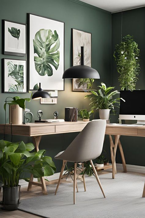 Office Plant Room Ideas, One Color Office, Creative Office Inspiration, Home Office Ideas Sage Green, Comfy Office Ideas, Functional Office Decor, 2024 Office Design, Scandinavian Home Office Design, Scandinavian Office Decor