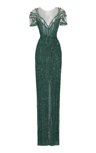 Shop Crystal-Embellished Chiffon Gown. A glamorous ballgown is a recipe for a great night out— and Pamella Roland's emerald number is a showstopper. Pamella Roland, Beaded Chiffon, Embellished Gown, Chiffon Gown, Fantasy Dress, Couture Gowns, Gorgeous Gowns, Fancy Outfits, Beautiful Gowns