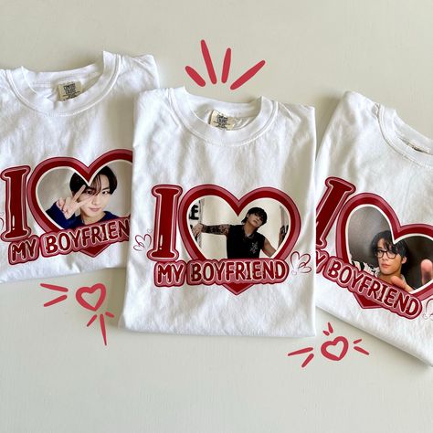 Custom Personalized Kpop I Love my Boyfriend Shirts  In the personalization box, put in the link to the picture of your choice or message me the picture! I will send you a proof of your chosen picture in the template before I make your shirt :)  100% cotton & unisex fit Measurements are in the last picture! *Each shirt is handmade to order. Slight differences may occur. Image is DTF transfer and may eventually fade after wears and washes.* I Love My Bf Shirt, Boyfriend Shirt Outfit, Gifts For Boyfriend Handmade, I Love My Boyfriend Shirt, Boyfriend Shirt Outfits, I Love My Girlfriend Shirt, Boyfriend Shirts, Boyfriend Kpop, Boyfriend Tshirt