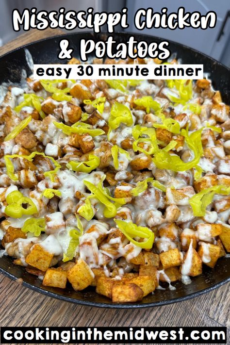 Skillet of cheesy chicken, potatoes, pepperonchinis Chicken And Potato Dinner Recipes, Mississippi Chicken Casserole, Potato Meal Recipes, Chicken And Potatoe Recipes, Popular Easy Dinner Recipes, Texas Dinner Recipes, 54th Street Recipes, Limited Ingredient Recipes Dinner, Mississippi Chicken In Oven