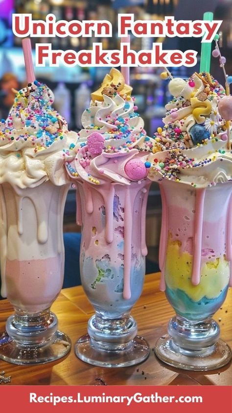 Indulge in the ultimate treat with these Unicorn Fantasy Freakshakes! These colorful, over-the-top milkshakes are a dreamy combination of vibrant ice cream, whipped cream, and candy galore. Perfect for parties, celebrations, or whenever you feel like adding a little magic to your day. Milkshake Glasses, Edible Glitter, Unicorn Horn, Milkshakes, Small Bowls, White Chocolate, Whipped Cream, Sprinkles, Feel Like