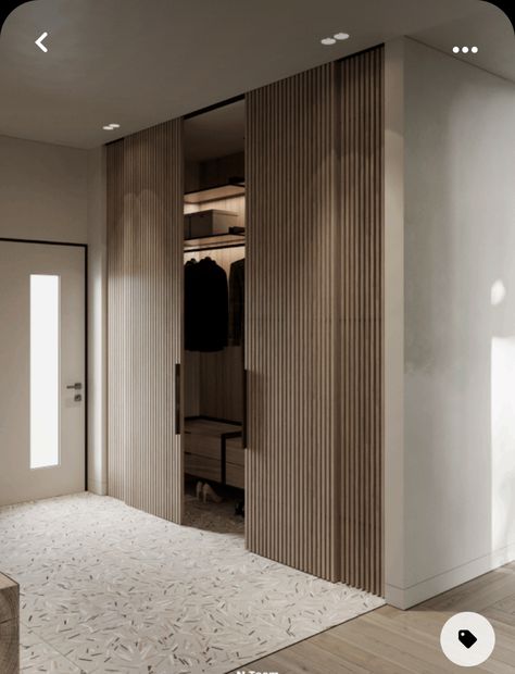 Japandi Barn Door, Closet Extension Ideas, Japandi Wardrobe Bedroom, Scandinavian Style Wardrobe, Entry Closet Door Ideas, Wood Slat Closet Door, Closet Sliding Door Ideas, Full Wall Closet, Japandi Closet