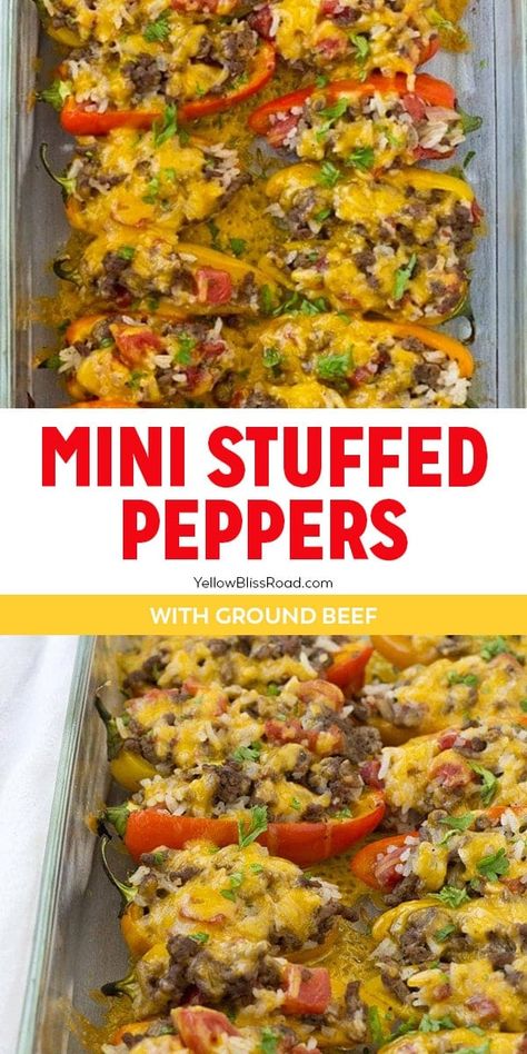 Stuffed Mini Peppers are sweet peppers stuffed with ground beef, tomatoes and rice for an adorable "mini" version of classic stuffed peppers. Easy Stuffed Mini Peppers, Stuffed Mini Sweet Peppers Ground Beef, Small Stuffed Peppers, Inside Out Stuffed Peppers, Stuffed Mini Peppers With Ground Beef, Stuffed Small Sweet Peppers, Small Pepper Recipes, Sweet Mini Pepper Recipes, Mini Pepper Recipes