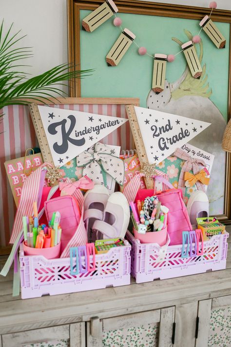 First Day Of Summer Gift For Kids, Back To School Basket Kindergarten, Gift For First Day Of Kindergarten, Last Day Of School Baskets For Kids, Back To School Mom Party, Back To School Box Gift, Kids First Day Of School Gift, Teacher Gifts Start Of The Year, Dollar Tree Back To School Gifts