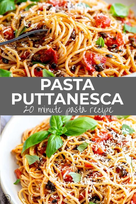 Spaghetti alla Puttanesca is a quick and easy recipe that can be on the table in 20 minutes and tastes as if it came from your favorite Italian restaurant. The easy sauce is a mixture of tomatoes, garlic, olives, and one secret ingredient, anchovies (well I keep it a secret from the kids) that turns your pasta from good to fantastic! This Neapolitan Pasta Puttanesca is packed full of robust Italian flavors and is made with just a handful of ingredients. So grab your spaghetti and give it a go. Puttanesca Pasta Recipe, Tomato And Olive Pasta, Restaurant Meal Ideas, Easy Italian Recipes Quick, Pasta Sauce With Olives, Anchovies Pasta Recipes, Anchovie Pasta, Different Spaghetti Recipes, Italian Pasta Sauce Recipes