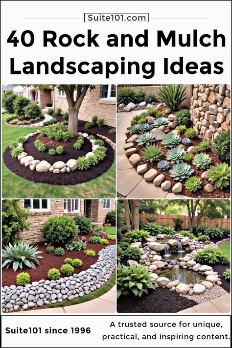 40 Front Yard Landscaping Ideas with Rocks and Mulch Stacking Rocks Landscaping, Easy Landscaping Ideas For Front Of House, Mulch And Gravel Landscaping, Rocks And Mulch Landscaping, Landscape With Mulch And Rocks, Mulch And Rock Landscaping, Rocks As Mulch Landscape Design, Black Mulch And White Rock Landscaping, Rocks Instead Of Mulch