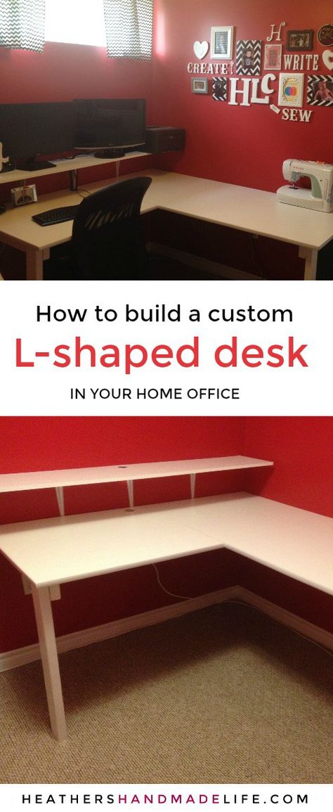 Build a custom L-shaped desk for your home office {Heather's Handmade Life} Diy Gaming Desk Plans, L Shaped Wall Desk, Build L Shaped Desk Diy, Custom L Shaped Desk, Diy L Desk With Storage, Diy Office Desk L Shaped, Youtuber Office, Diy L Shaped Desk, L Shaped Desk Plans