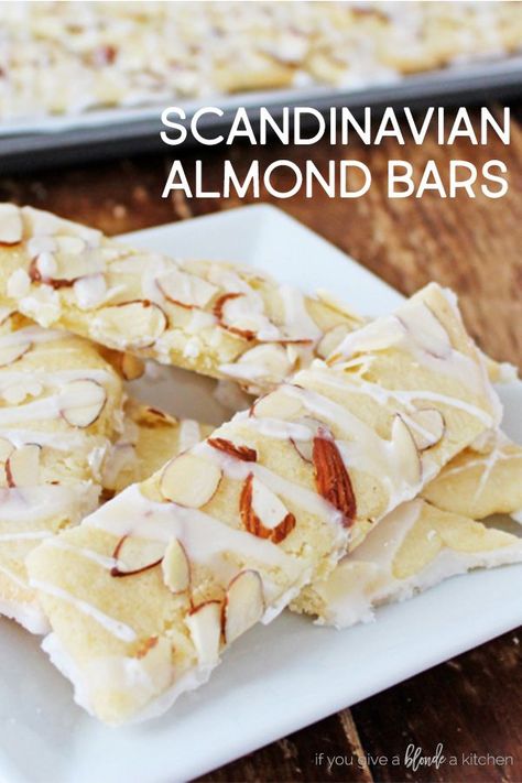 Scandinavian almond bars are easy to make in large batches for the holidays. Make them as Christmas gifts and share with friends! | www.ifyougiveablondeakitchen.com via @haleydwilliams Almond Desserts, Almond Bars, Norwegian Food, Almond Extract, Vanilla Glaze, Scandinavian Food, Swedish Recipes, Cookie Bar Recipes, Almond Cookies