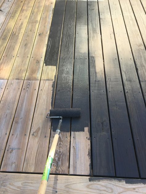 Dark stained deck -- Plaster & Disaster Stained Deck, Deck Paint Colors, Dark Deck, Deck Stain Colors, Grey Deck, Laying Decking, Deck Makeover, Black Deck, Deck Colors