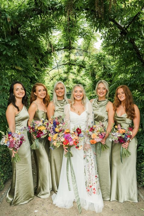 Abigail Heringer Wedding, Bridesmaids With Wildflower Bouquets, Wedding Flowers Colourful, Wild Flower Wedding Theme Bridesmaid, Wildflower Wedding Theme Groomsmen, Wedding Wildflower Theme, Wildflower Wedding Theme Bridesmaid, Wildflower Bridesmaid Bouquet, Wildflower Bridesmaid Dresses