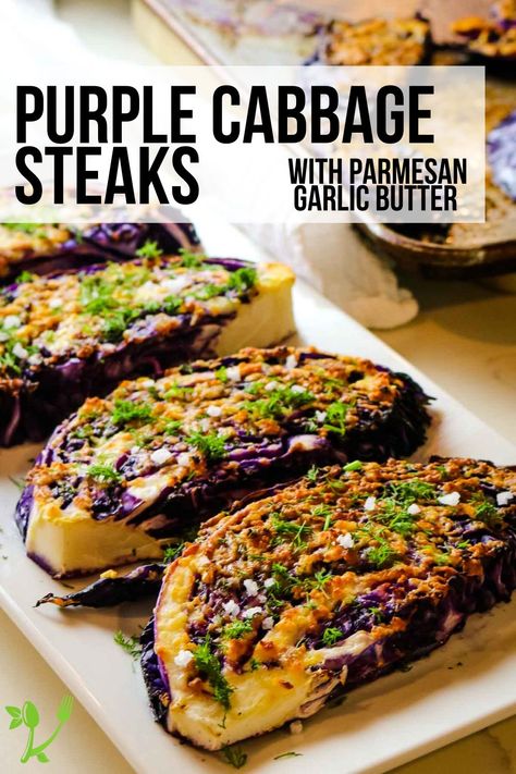 These Roasted Red Cabbage Steaks with Garlic are a festive take on traditional cabbage steaks. Made with only four simple ingredients, they are flavorful, and delicious and pair perfectly with any protein. Purple Cabbage Steaks, Red Cabbage Steaks, Purple Cabbage Recipes, Cooked Red Cabbage, Best Cabbage Recipe, Roasted Red Cabbage, Cabbage Steaks Recipe, Cabbage Side Dish, Roasted Cabbage Steaks