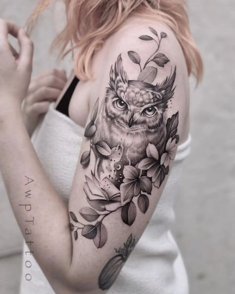 Full Sleeve Realism Tattoo, Owl Tattoo Calf, Owl Tattoo Wings Open, Owl Bicep Tattoo, Baby Owl Tattoo For Women, Leg Nature Tattoo, Realistic Flower Tattoo Black And White, Owl Outline Tattoo, Owl Tattoo Arm