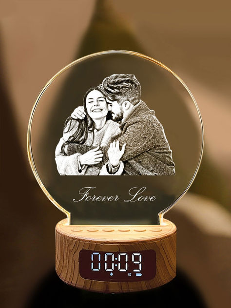 Our Personalized Photo Crystal Lamp is a multifunctional product, It can be connected to Bluetooth to play music, has a clock and alarm clock function, and can also be used as a night light. Its illuminating light is ideal for any use- at home or in the office. It's a sleek, elegant and customizable addition to any room, bookshelf, desk or cubical. Photo Christmas Tree, Room Bookshelf, Photo Lamp, Bookshelf Desk, Gift Inspo, 3d Crystal, Photo Charms, Personalized Anniversary