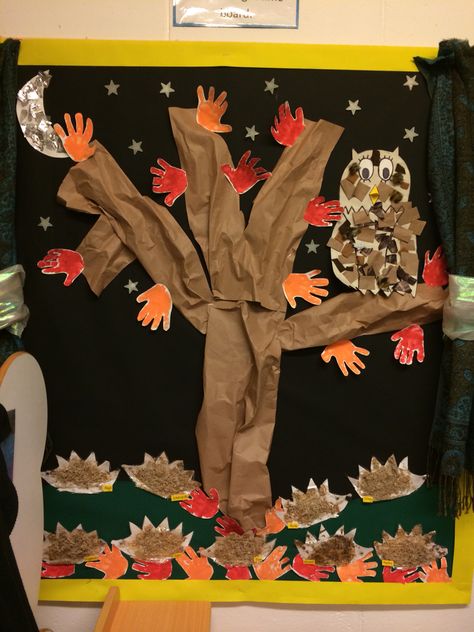 Autumn display at nursery -  Hedgehogs made from shredded wheat and glue. Owl collage and moon collage. Children's handprints Autumn Tree Display Eyfs, Autumn Wall Display, Autumn Display Board Eyfs, Autumn Classroom Display, Autumn Display Boards Nursery, Autumn Display Eyfs, Autumn Display Boards, Baby Room Display Boards, Eyfs Autumn