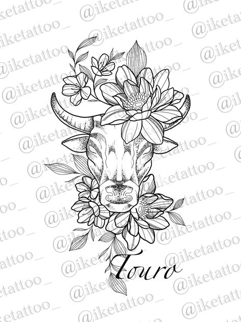 Feminine Goat Tattoo, Bull With Flowers Tattoo Design, Taurus With Flowers Tattoo, Bull Taurus Tattoo For Women, Pisces Tattoo Drawing, Bull And Roses Tattoo, Feminine Bull Tattoo Taurus, Bull With Roses Tattoo, Taurus Leg Tattoo For Women