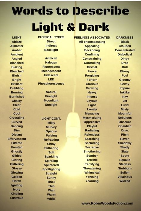 Words to Describe Light & Dark by Robin Woods www.RobinWoodsFiction.com Words For Light, Describing Words, Writing Inspiration Tips, Writing Dialogue Prompts, Writing Prompts For Writers, Creative Writing Tips, Essay Writing Skills, Writing Motivation, Writing Inspiration Prompts