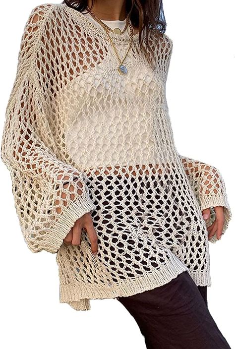 Women Hollow Out Crochet Sweater Vintage Fairycore Grunge Smock Knit Pullovers Fishnet Bathing Suit Cover Ups Swimwear at Amazon Women’s Clothing store Streetwear Girl, Mesh Sweater, Crochet Cover Up, Long Sleeve Knit Tops, Knit Crop Top, Knit Crop, Knit Pullover, Crochet Fashion, Crochet Sweater