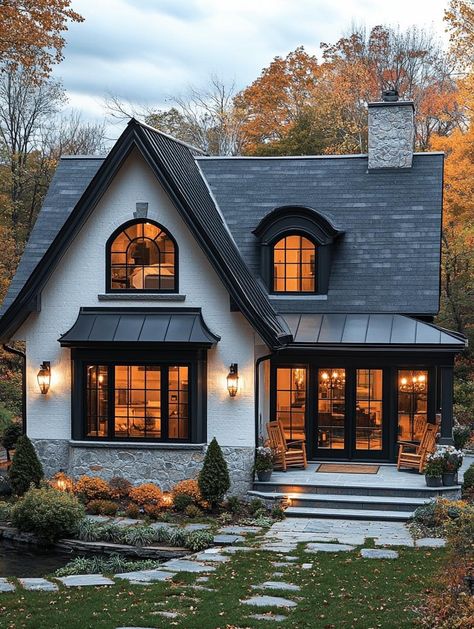 White French Cottage Exterior, Tudor Style Homes Exterior Update, Quaint Houses Exterior, French Farmhouse Architecture, Modern Country French Decor, Exterior House Colors Cottage Style, Blue Window Trim Exterior, Cottage Home Outside, Houses With Garages On The Side