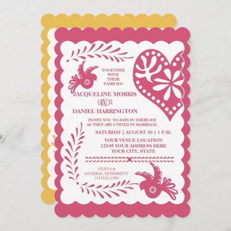 Pink Yellow Weddings, Papel Picado Wedding, Mexican Invitations, Wedding Fiesta, Yellow Wedding Invitations, Bright Wedding Colors, Fiesta Wedding, Summer Garden Wedding, Laurel Leaf