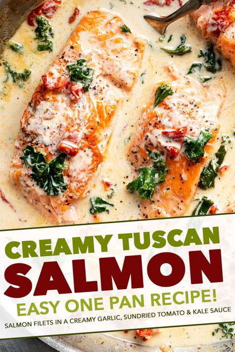 Creamy Tuscan Salmon, Seafood Cravings, Tuscan Salmon Recipe, Tuscan Salmon, Cheese Restaurant, Salmon Filets, Chunky Chef, Tuscan Recipes, Creamy Garlic Chicken