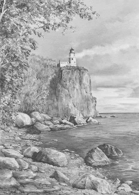 pencil drawing of lighthouse Lighthouse Drawing, Easy Pencil Drawings, Landscape Pencil Drawings, Pencil Drawing Tutorials, Landscape Sketch, رعب نفسي, White Drawing, John Singer Sargent, Urban Sketchers