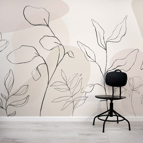 Dusty Botany Beige Neutral Botanical Floral Wallpaper Mural Modern Wall Mural Ideas, Elegant Mural Wall, Wall Murals Minimalist, Simplistic Wall Mural, Minimal Wall Painting Ideas, Line Drawing Wall Mural, Sage Green Wall Mural, Minimalist Wall Mural Ideas, Wall Mural Indoor