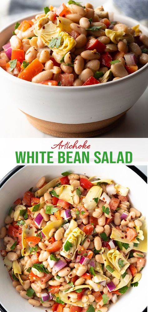 This fresh and flavorful Artichoke White Bean Salad Recipe is brimming with chopped artichokes, hearty beans and veggies, all tossed with a tangy homemade vinaigrette. White Bean Salad Recipes, Bell Pepper Salad, Homemade Vinaigrette, Artichoke Salad, Bean Salad Recipe, A Spicy Perspective, White Bean Salad, Bean Salad Recipes, Artichoke Recipes