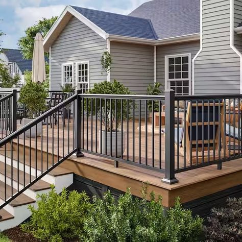 Deck Stair Railing, Stair Railing Kits, Deck Railing Systems, Aluminum Railing Deck, Deck Railing Design, Aluminum Decking, Steel Deck, Deck Stairs, Steel Railing