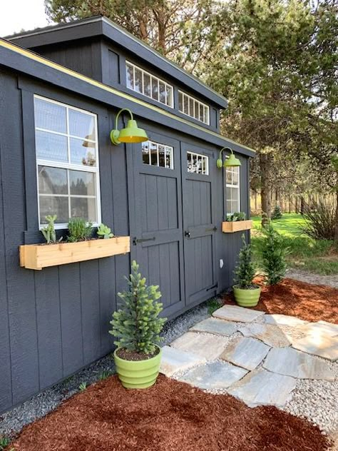 One Room Challenge - Modern Rustic Office - The Reveal black painted exterior #oneroomchallenge #exterior Paint Shed Black, Backyard Shed Colors Paint, Modern Rustic Landscaping, Garden Shed Flooring Ideas, Cute Storage Shed, Black Garden Shed, Shed Colors Exterior, Dark Shed, Shed Paint Colours