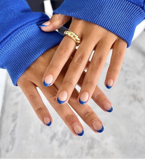 French With Blue Tips, Short Blue French Tip Nails, Royal Blue French Tips, Navy Blue French Tips, Navy French Tip Nails, French Manicure Blue, Royal Blue French Tip Nails, Debs Nails, Blue French Manicure