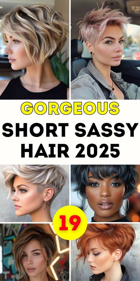 Celebrate 2025 with short sassy haircuts that redefine chic styles for women over 50. From pixie cuts with shaved sides to layered hairstyles with bangs, these cuts are ideal for black women, older women, and those with round faces. Perfect for adding confidence and elegance, these haircuts blend modern trends with timeless sophistication. Short Hairstyle Women Side Shave, Short Hairstyle Women Spikey, Short Hairstyle Women Feminine, Short Cool Haircuts For Women, Short Hair For 20 Year Olds, Unique Short Hair Styles, Short Hairstyles 2025 Trends Women, Modern Short Hairstyles Over 50, Short Hair Styles Square Face