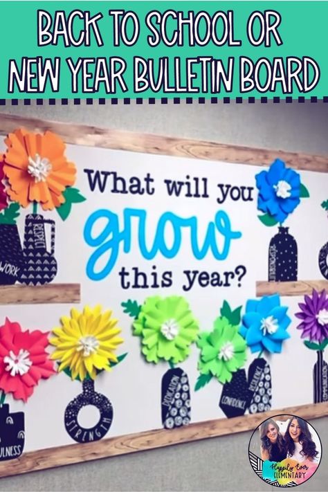 We LOVE this new bulletin board for the New Year!! Lots of options on how you can set this up and there is no wrong way! You can put your goals or intentions on the vases, you can put goals on flower petals or even make it an interactive bulletin board and have students place sticky notes of personal goals on the bulletin board! We love this in a staff lounge or outside a main office for staff to write their intentions as well - what a great model for students! Bulletin Board Outside Classroom, Student Growth Bulletin Board, Glow And Grow Bulletin Board, Plc Bulletin Board, We All Grow At Different Rates Bulletin Board, Back To School Flower Bulletin Boards, Reading Growth Bulletin Board, Bloom Themed Classroom, Growing Minds Bulletin Boards