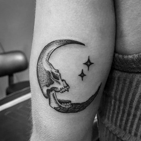 Crescent Moon Skull Tattoo, Whimsigoth Moon Tattoo, Moon Tattoo Gothic, Male Moon Tattoo, Moon Calf Tattoo, Creepy Moon Tattoo, Moon Tattoos Men, Cresent Moon Tatoos, Moon Elbow Tattoo