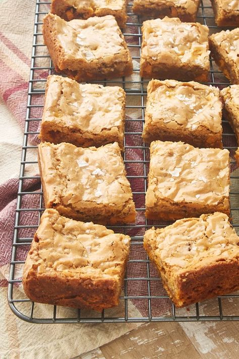 Salted Butterscotch Blondies Recipe | Bake or Break Blondies Butterscotch, Butterscotch Blondies Recipe, Chewy Blondies, Butterscotch Bars, Butterscotch Blondies, Dessert Bar Recipes, Lemon Squares, Bars And Cookies, Blondies Recipe