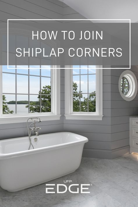 If you are installing shiplap on two adjacent walls, you’ll need to decide how you want to join the corners together. Try corner trim or mitering boards at an angle. Shiplap Wall Corner Trim, Shiplap Wall Corners, Shiplap Angled Wall, Shiplap Edge Trim, Diy Shiplap Bathroom, Shiplap Trim Ideas, Trim For Shiplap Walls, Shiplap Corner Trim, Shiplap Corners