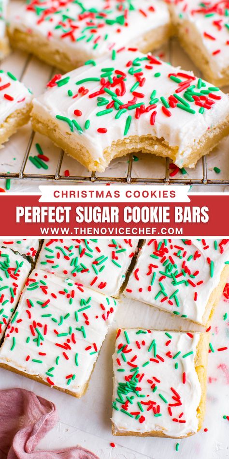 Frosted Sugar Cookie Bars are just as tasty as traditional sugar cookies, but with half the work! Give these festive dessert bars a try! #sugarcookies #cookies #christmas #christmascookies #holidaybaking #easycookies #cookiebars Buttery Christmas Sugar Cookies, Cream Cheese Sugar Cookie Bars, Sugar Cookies Bars Recipe, Sugar Cookie Sheet Bars, Holiday Sugar Cookie Bars, Bar Sugar Cookie Recipe, Easy Sugar Cookie Bars Cake Mixes, Betty Crocker Sugar Cookie Bars, Keto Sugar Cookie Bars