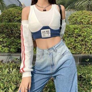 Sugarcoat Set: Applique Crop Tank Top + Striped Arm Sleeves | YesStyle Doudoune The North Face, Cold Shoulder Crop Top, Fashion Patchwork, Basic Sweaters, Crop Top Casual, Cropped Tops, Knit Shirt, Style Outfits, Women T Shirt