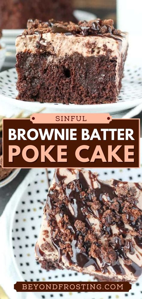 Brownie Batter Poke Cake, valentine's day treats, chocolate desserts, valentine's day recipes, date night ideas at home Cookie Dough Cake, Poke Cake Recipes, Poke Cakes, Brownie Batter, Chocolate Dessert Recipes, Poke Cake, Cake Mix Recipes, Chocolate Chip Cookie Dough, Chocolate Lover