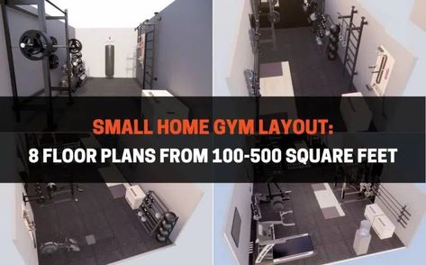 Small Home Gym Layout: 8 Floor Plans From 100-500 Square Feet | PowerliftingTechnique.com Home Gym Floor Plan, Small Garage Gym Ideas Layout, Home Gym Ideas Small Garage, Garage Gym Ideas Layout, Gym Floor Plan, Best Home Gym Setup, 10x10 Shed, Shed Gym, Garage Gym Flooring