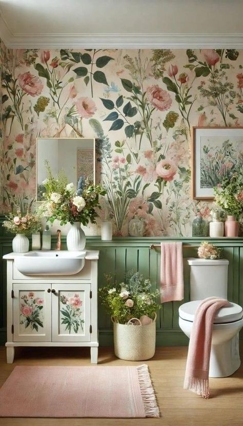 Floral Bathroom Ideas, Girls Bathroom Ideas, Cute Bathroom Ideas, Cottage Bathroom Ideas, Cute Bathroom, Girl Bathrooms, Cozy Bathroom, Elegant Girls, Floral Bathroom