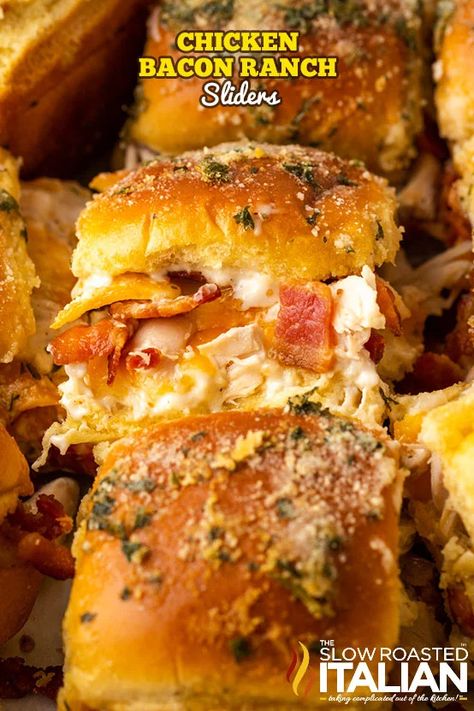 Chicken Bacon Ranch Sliders - The Slow Roasted Italian Chicken Bacon Ranch Sliders Easy, Slider Recipes Chicken, Chicken Bacon Ranch Sliders Recipes, Bacon Chicken Ranch Sliders, Chicken Bacon Ranch Sliders Hawaiian Rolls, Ranch Sliders Recipes, Sliders Recipes Hawaiian Rolls Chicken, Chicken Bacon Sliders, Turkey Bacon Ranch Sliders