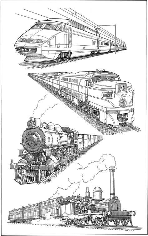 Welcome to Dover Publications Train In Perspective Drawing, Train Perspective Drawing, Train Illustration Drawing, Train Drawing Sketches, Train Perspective, Anime Train, Train Drawings, Drawing Training, Train Sketch