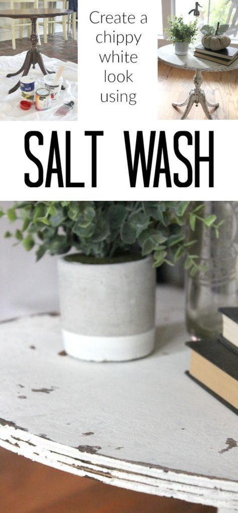 How to create an authentic looking, time-worn, and chippy white using salt wash technique. Give your furniture layers of chippy paint with an aged patina. Diy Salt Wash, Salt Wash Paint, Furniture Stain, Chippy Painted Furniture, Painted Furniture Ideas, Project Room, Diy Cement, Chalky Paint, Salt Wash